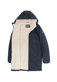 Dunkelblauer, kapuzengefütterter Wintermantel mit cremefarbener Fleece-Fütterung, Reißverschlusstaschen und Markenetikett auf Brust und Ärmel.