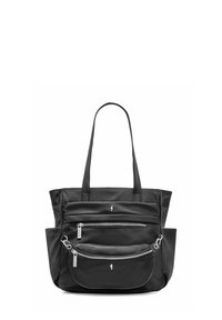 Czarna torba materiałowa z dwiema przednimi kieszeniami na zamek błyskawiczny, długimi uchwytami i gładką fakturą. Posiada logo z przodu.