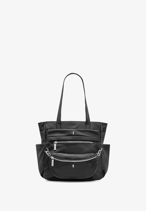 Czarna torba materiałowa z dwiema przednimi kieszeniami na zamek błyskawiczny, długimi uchwytami i gładką fakturą. Posiada logo z przodu.