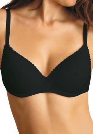 Soutien-gorge rembourré noir avec des bretelles réglables, dentelle le long des bords supérieurs, texture lisse et un petit nœud au centre.