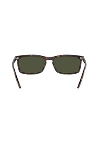 Occhiali da sole quadrati con montatura in plastica a motivo tartaruga e lenti verde scuro. Templi sottili con accentuazioni in tonalità argento.
