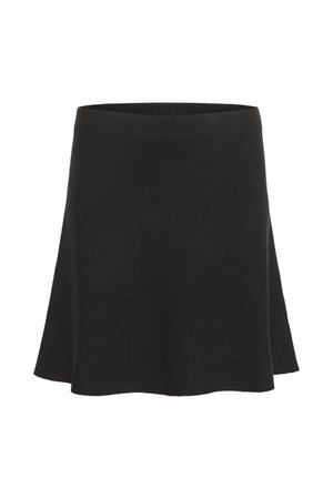 Black flared mini skirt made of soft material with a smooth texture and a wide waistband. Features a simple design without patterns or accents.