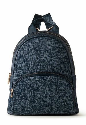 Petit sac à dos bleu foncé avec motif texturé, fermetures éclair dorées, poche avant et deux bretelles noires.