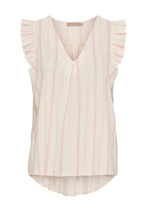 Ærmeløs bluse med V-hals, lavet af et let stof. Har lodrette striber i pink og beige, med rynkede skulderdetaljer.