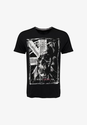 Schwarzes T-Shirt mit einem weißen und grauen Schädelgrafik, einem teilweise Union Jack Hintergrund und dem Text "LIBERTY" und "Es ist den Kampf wert."