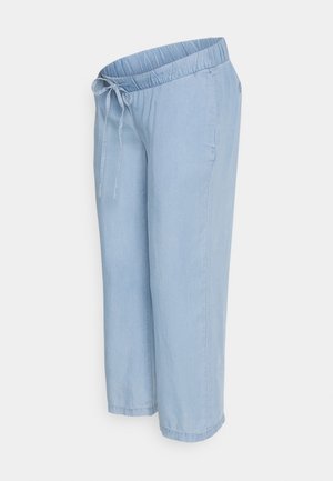 Light blue maternity pants with elastic waistband and drawstring, loose fit, and soft fabric.
