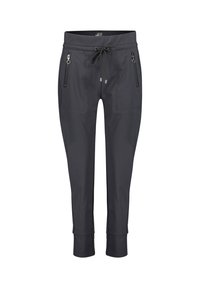 Czarne spodnie sportowe wykonane z gładkiego materiału, z elastycznym paskiem na sznurki, dwoma zamykanymi kieszeniami i zwężanymi mankietami.