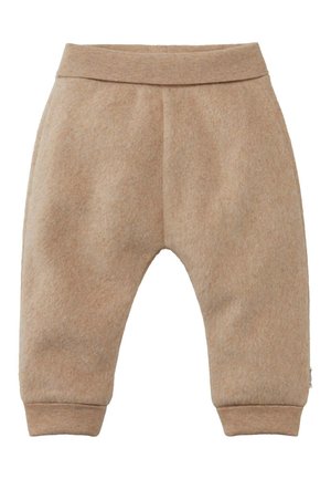 Weiche beige Babyhosen mit elastischem Bund und Bündchen, gefertigt aus einem warmen, flauschigen Stoff.