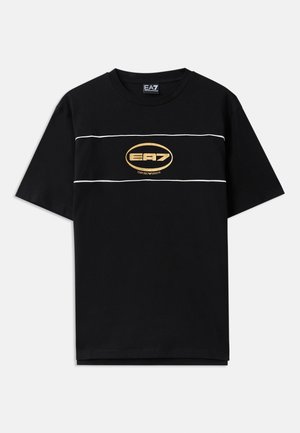 Black cotton t-shirt with short sleeves, featuring a gold EA7 logo and white horizontal stripes across the chest. Classic crew neck design.