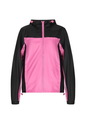 Kerge tuulekindel jakk roosa esiosa ja mustade varrukatega, millel on lukuga eesmine osa, reguleeritav kapuuts ja elastsed mansetid.