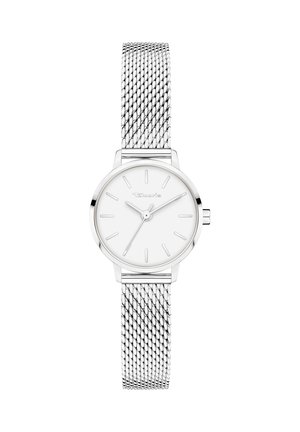 Silberne Uhr mit weißem Zifferblatt, dünnen Stundenmarkierungen, drei schlanken Zeigern und einem geflochtenen Metallarmband.