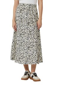 Zwart-wit gevlekte maxi rok met een elastische tailleband, gemaakt van lichtgewicht stof, met een vloeiende uitstraling en lengtes tot halverwege het kalf.