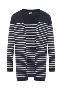 Cardigan blu con strisce orizzontali bianche, design aperto sul davanti, maniche lunghe, texture morbida e senza chiusure né tasche.