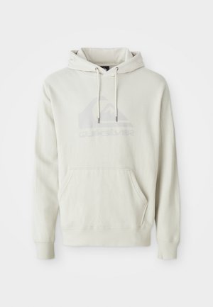 Light beige hooded sweatshirt with front pocket, drawstrings, and subtle Quiksilver logo on the chest.