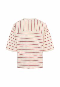 Cream short-sleeve shirt with red horizontal and vertical stripes, shown from the back on a white background.