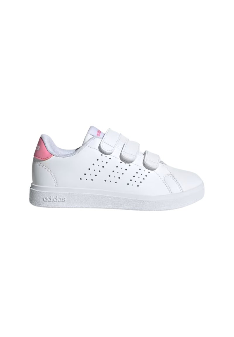 Zapatillas adidas blancas con parte superior de cuero suave, correas de Velcro, perforaciones sutiles y un acento rosa en el talón.