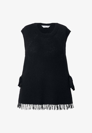 Top sans manches en maille noire avec un col rond, des liens latéraux et un ourlet en frange. Tissu texturé avec une coupe ample et décontractée.
