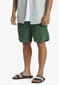 Pantaloni corti in corduroy verde con una vestibilità rilassata, abbinati a sandali neri con striscia a contrasto. Camicia a maniche corte di un verde chiaro visibile.