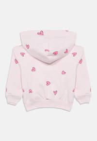 Ροζ φούτερ με κουκούλα, διακοσμημένο με μικρά ροζ μοτίβα σε σχήμα καρδιάς, με ριμπ μανσέτες και ζώνη στη μέση, από απαλό ύφασμα.