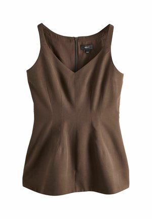 Top marron ajusté sans manches avec col en V et fermeture éclair dans le dos, montrant les détails des coutures pour la mise en forme.