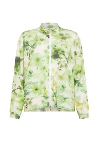 Lette zip-jakke med lynlås i grøn blomsterprint. Lavet af glat stof med stående krave og elastiske manchetter. Har to forlommer.
