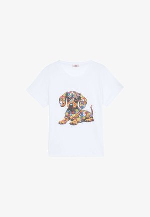 T-shirt blanc avec un design floral coloré d'un chien teckel. Encolure ronde, manches courtes, tissu doux, accents floraux prononcés.