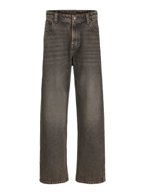 Jean en denim noir délavé, coupe droite, avec poches avant et arrière, fermeture par bouton et passants pour ceinture.