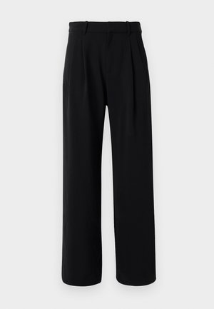 Pantalons tailleur noirs taille haute avec jambes larges, passants de ceinture et pinces avant sur un fond blanc.