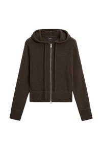 Brown zip-up hoodie made of soft knitted fabric, featuring a hood, ribbed hem, and long sleeves with a casual fit.