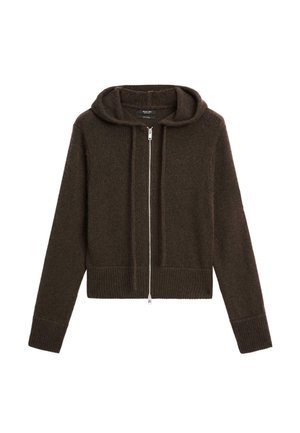 Brown zip-up hoodie made of soft knitted fabric, featuring a hood, ribbed hem, and long sleeves with a casual fit.