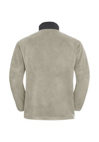 Hellgraue Fleecejacke mit langen Ärmeln und hohem Kragen, die über eine glatte Textur und ein minimalistisches Design verfügt.