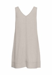 Robe beige sans manches avec décolleté en V et lignes horizontales texturées près de l'ourlet, présentée sur fond blanc.