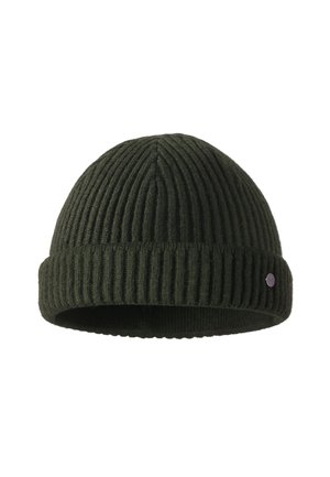 Strikket beanie i mørkegrøn med ribbet tekstur, med en bøjet manchet og en lille logoaccents på siden. Blødt, varmt materiale.