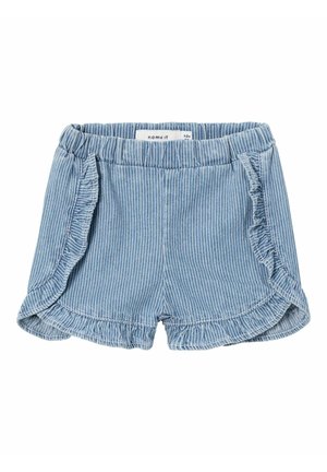 Pantaloni corti a righe blu e bianche con orlo arricciato, vita elastica e una morbida texture di cotone. Etichette visibili all'interno della cintura.