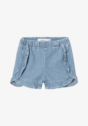 Pantaloni corti a righe blu e bianche con orlo arricciato, vita elastica e una morbida texture di cotone. Etichette visibili all'interno della cintura.