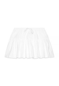 Jupe en coton blanc avec une taille élastique et un cordon de serrage. Elle présente un design à volants en couches et des détails texturés le long du buste.