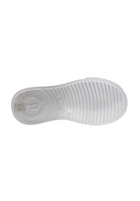 Sole in gomma bianca con scanalature parallele, un emblema circolare con design a corona d'alloro e il logo del marchio "Pollini" vicino al tallone.