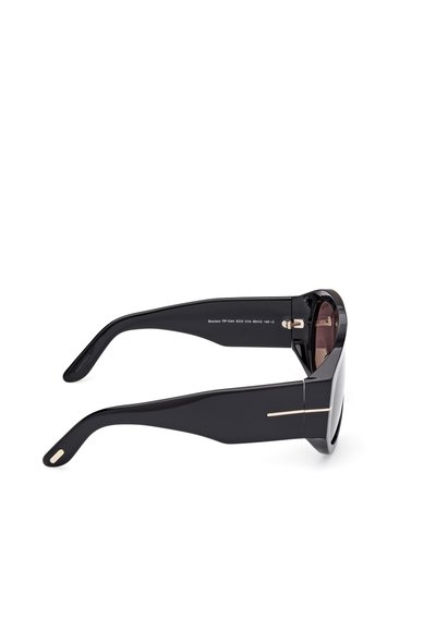 Black sunglasses with a geometric design. Features a glossy frame, brown tinted lenses, and subtle gold accents on the temples.