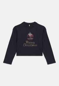 Hosszú ujjú, tengerészkék pamut crop top, ünnepi karácsonyi díszítéssel, strasszokkal és arany "Boldog Karácsonyt" felirattal.