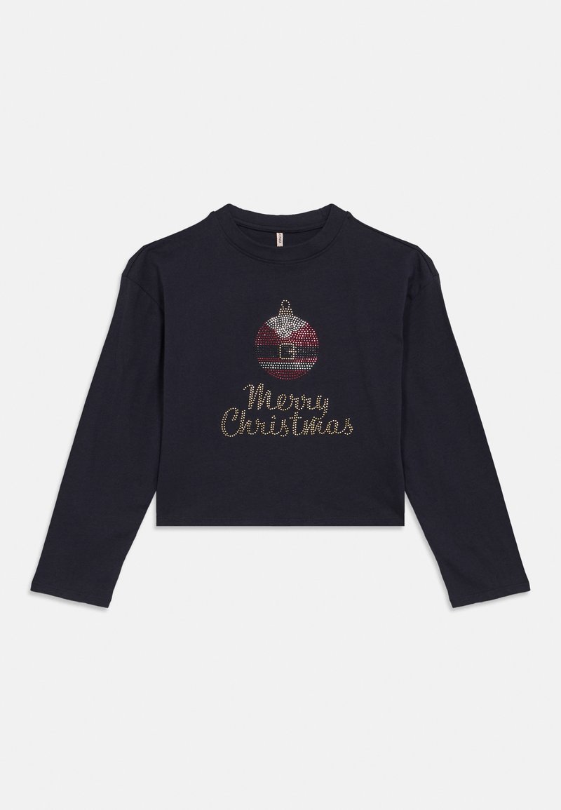 Hosszú ujjú, tengerészkék pamut crop top, ünnepi karácsonyi díszítéssel, strasszokkal és arany "Boldog Karácsonyt" felirattal.