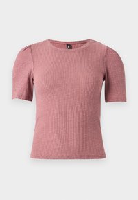 Κοντομάνικο, υφασμάτινο τοπ σε χρώμα σκόνης ροζ με ριγέ υφή. Στρογγυλή λαιμόκοψη με διακριτικούς φουσκωτούς ώμους. Εφαρμοστή γραμμή, ελαστικό υλικό.