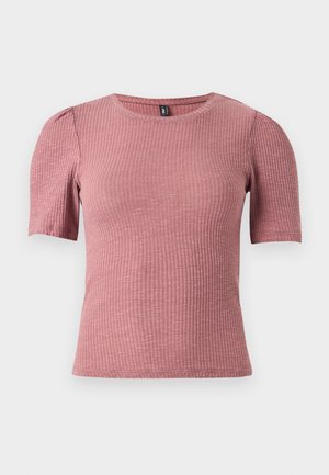 Top a maniche corte in tessuto a coste color rosa polvere con trama. Scollo rotondo con spalle leggermente arricciate. Linea aderente, materiale elasticizzato.