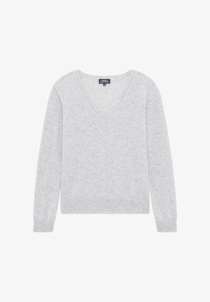 Grijze v-hals trui van zacht materiaal, met lange mouwen, geribbelde manchetten en zoom. Label leest "CAROLL." Eenvoudig, klassiek ontwerp.