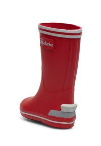 Botte de pluie en caoutchouc rouge avec une surface lisse, un talon surélevé et des accents blancs. Caractéristiques : un haut rembourré, un patch logo et une semelle texturée pour l'adhérence.