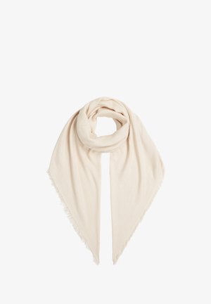 Sciarpa di un leggero beige realizzata in tessuto morbido. Caratterizzata da una forma triangolare con bordi frangiati e una texture sottile, adatta per essere indossata a strati.