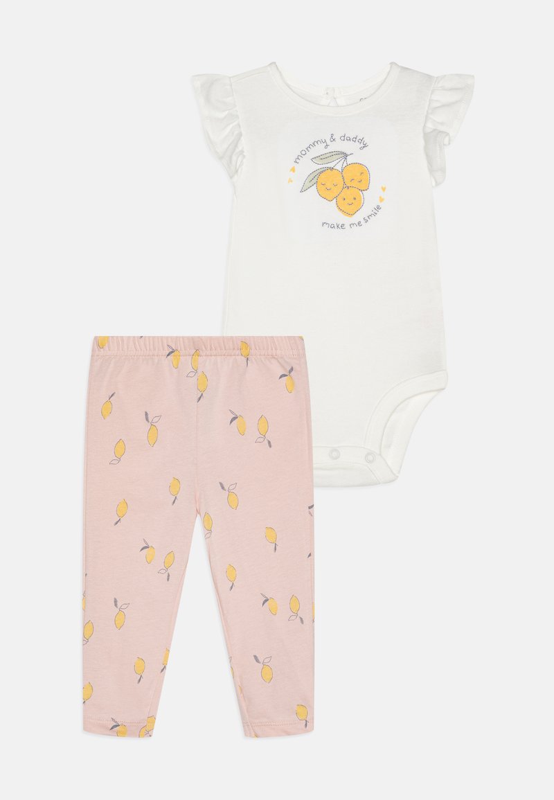 Body in cotone bianco con maniche volant e grafica di limoni, abbinato a legging rosa con stampa di limoni gialla e vita elastica.