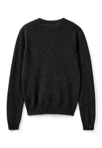 Ciemnoszara dziana sweter z długimi rękawami, okrągłym dekoltem oraz ściągaczami przy mankietach i u dołu. Miękka struktura, brak widocznych wzorów lub akcentów.