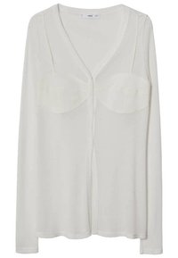 Cardigan bianco a maniche lunghe con scollo a V, dotato di due tasche sul petto e un tessuto morbido e leggero. Chiusura frontale con bottoni e una leggera lucentezza.