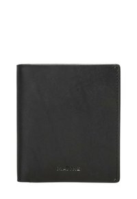 Czarny portfel ze skóry o gładkiej fakturze, złożony, z wytłoczonym logo "MAITRE" na dolnej przedniej części. Krawędzie starannie przeszyte.