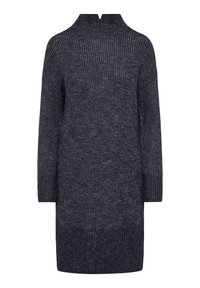 Vestido de punto azul marino oscuro con cuello alto, mangas largas y puños acanalados; tela texturizada y silueta recta.